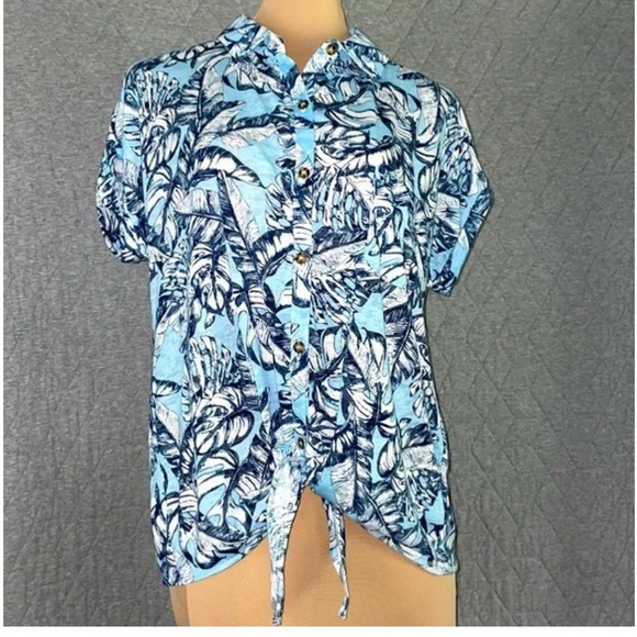 NWT All in Love Top button up shirt Blue size small White Short Sleeve Hawaiian - Picture 8 of 8